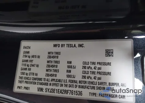 2024 Tesla Model 3 Long Range Dual Motor All-Wheel Drive/Rear-Wheel Drive from USA, damaged, VIN 5YJ3E1EA2RF761536